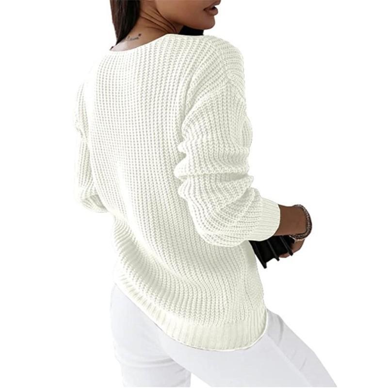 Womens V-Neck Long Sleeve Knit Sweater Pure Color Cable Stitch Casual Pullover Top