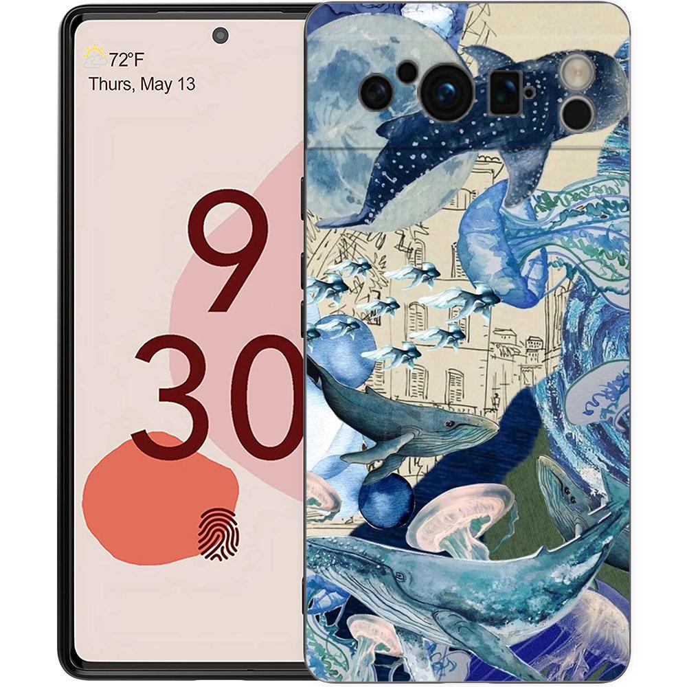 Роскошный ТПУ чехол для телефона Google Pixel 9 8 8A 7 7A 6 Pro XL 6A 5G Океан Кит Акула Плавают Черный Мягкий Задний Чехол