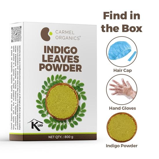 CARMEL ORGANICS Порошок из листьев индиго (800 грамм) – Натуральный краситель для волос для черных/каштановых волос, Включает перчатки и шапочку для волос, Без добавления красителей