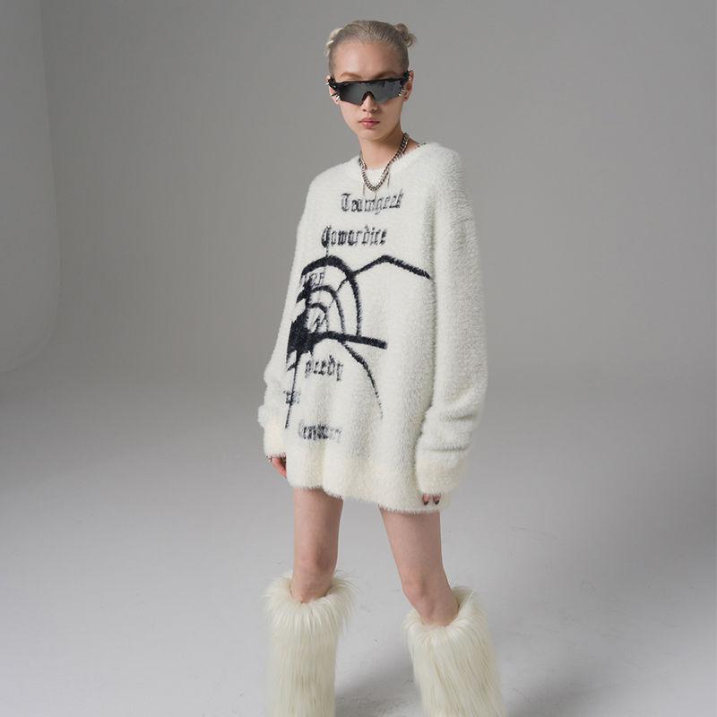 Белый свитер с пауком, женский уличный свитер Y2k, вязаный пуловер с графическим рисунком в стиле хип-хоп, гранж, готика, зимние топы Harajuku Fairycore