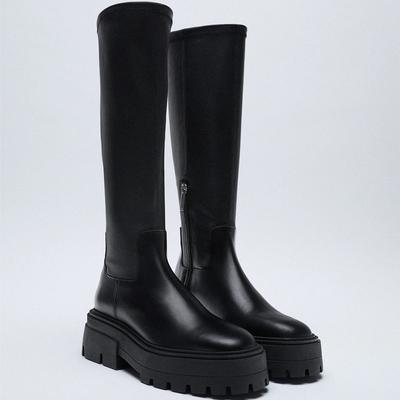 Мода 2024 года, зима, новый стиль, женские ботинки челси с круглым носком и молнией, женская обувь, сексуальные высокие каблуки до бедра, модные ботинки на толстой подошве