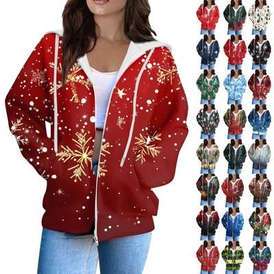 Женская модная повседневная толстовка с рождественским принтом и длинными рукавами, карманная куртка, пальто с капюшоном на молнии