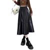 Women's Black PU Leather Midi Skirt - Spring/Autumn High Waist Pleated A-line with Hip-covering Slimming Design
