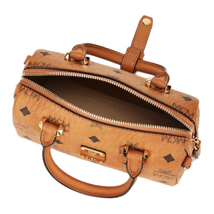 MCM Мини-сумка Boston Visetos из коньячной кожи с золотой фурнитурой для повседневного использования