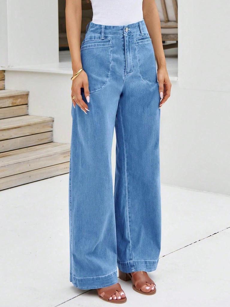 Women's High Waist Wide Leg Jeans Stretch Denim Baggy Loose Fit Pants with Pockets