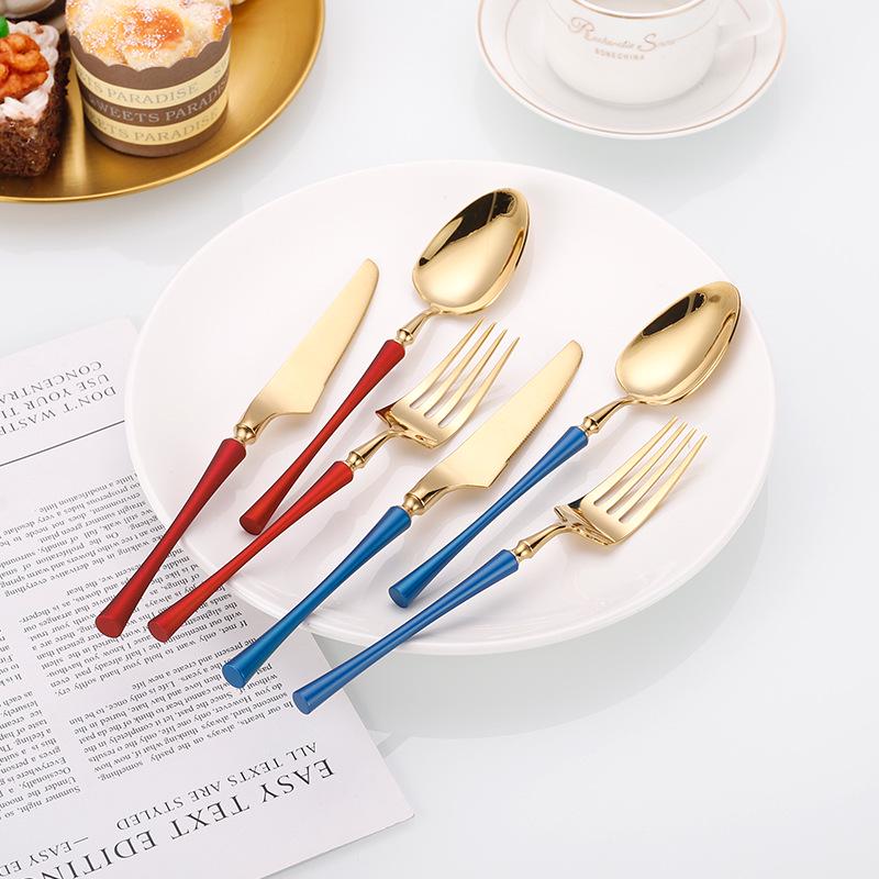 Набор столовых приборов из нержавеющей стали с узкой талией: Нож для стейка, Вилка, Десертная ложка, Зеркальная полировка.