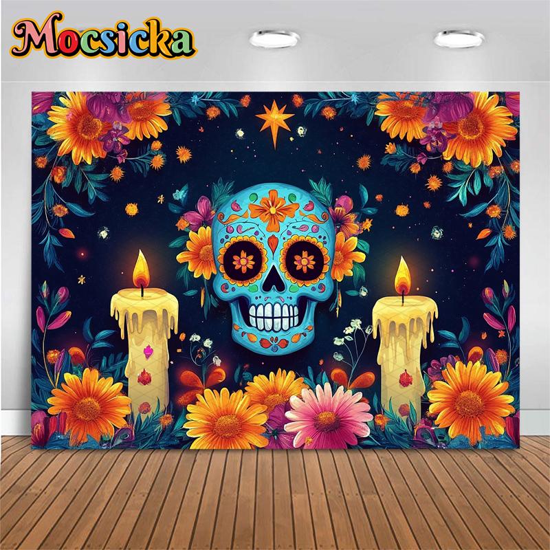 Mocsicka Day Of The Dead Background Photography Art Flower Skull Candle Death Festival Decoration Halloween Party Photo Backdrop