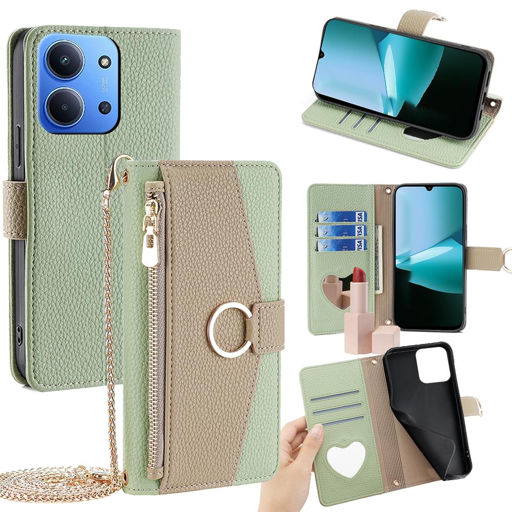 For Xiaomi Redmi 15C 4G (Global) (171mm)/Poco C85 4G (171mm) Case Mirror Wallet Leather Phone Cover with Chain Shoulder Strap