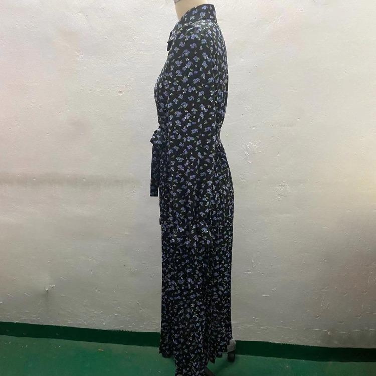 Женское осенне-зимнее повседневное платье с длинным рукавом, V-образным вырезом, цветочным принтом, А-силуэта, с завышенной талией, длиной до щиколотки