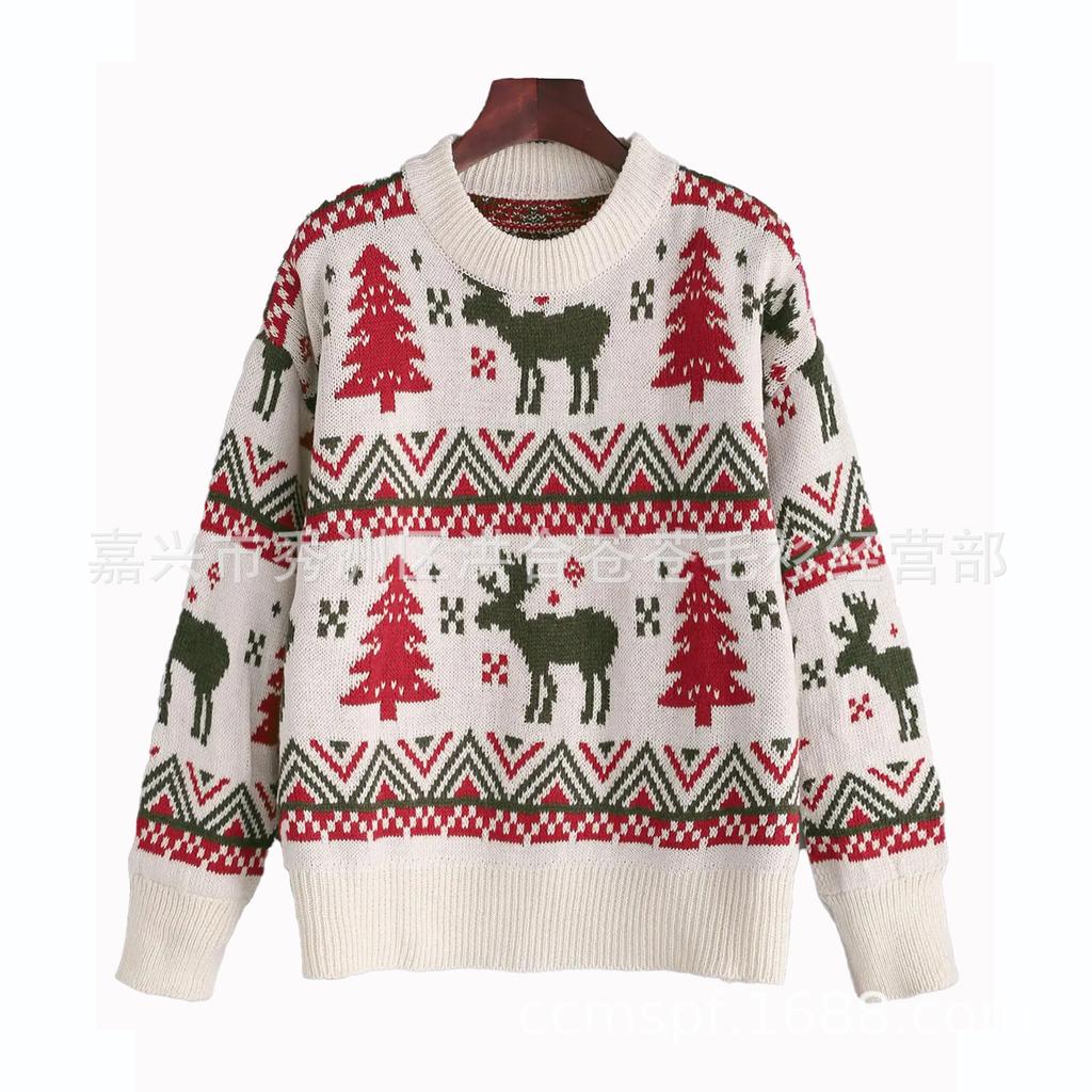 Foreign trade cross-border autumn and winter new Korean version of women's clothing loose couple Christmas tree deer thickened jacquard sweater