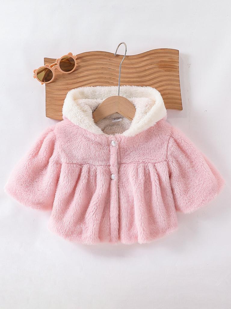 Baby girl's pink hooded plush coat for autumn and winter, thick and made of faux rabbit fur, a short plush cardigan for outdoor wear