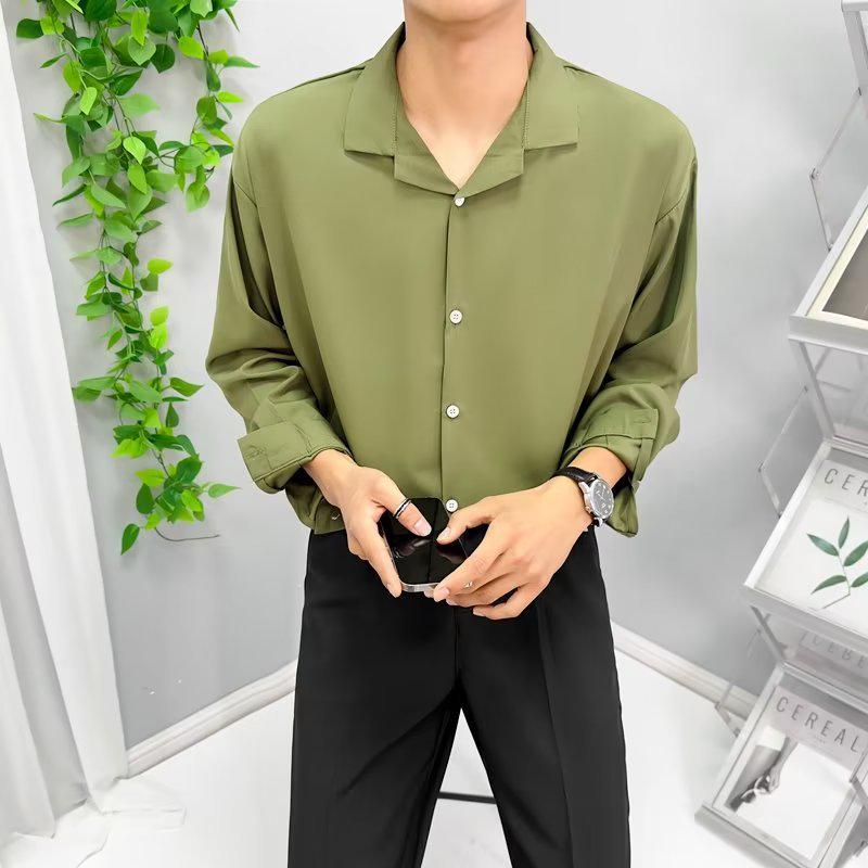 Мужская модная рубашка с длинными рукавами и кубинским воротником из ледяного шелка — свободная, повседневная, стильная для весны и осени