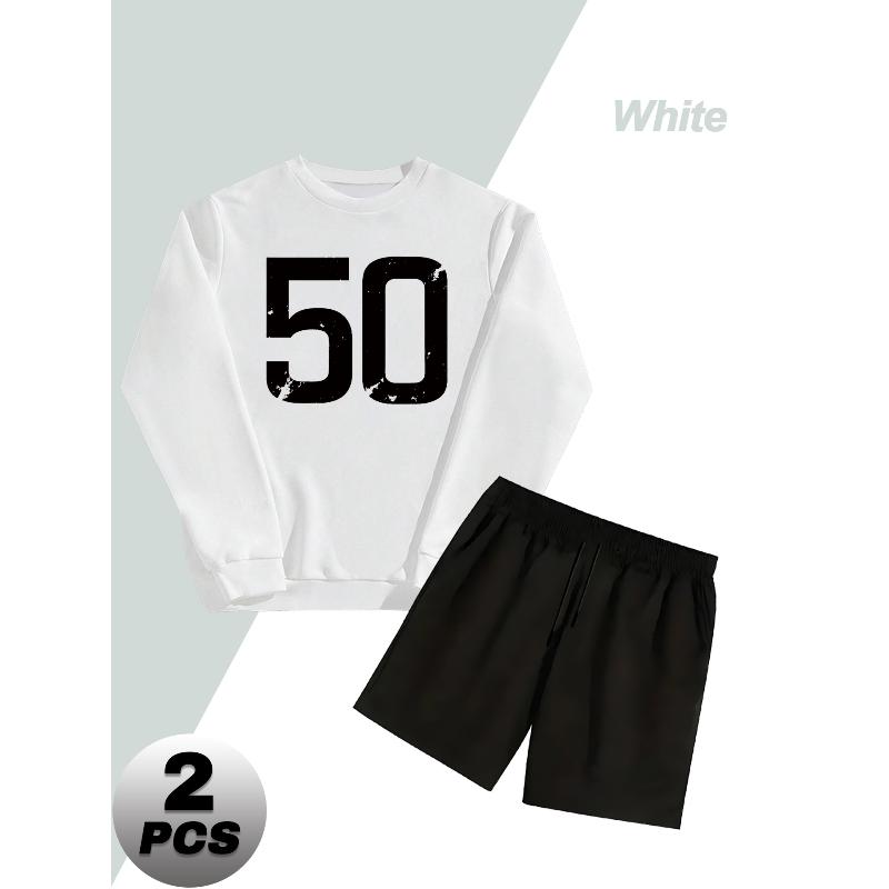 Men's Polyester Crew Neck Sweatshirt Set with Relaxed Fit Shorts