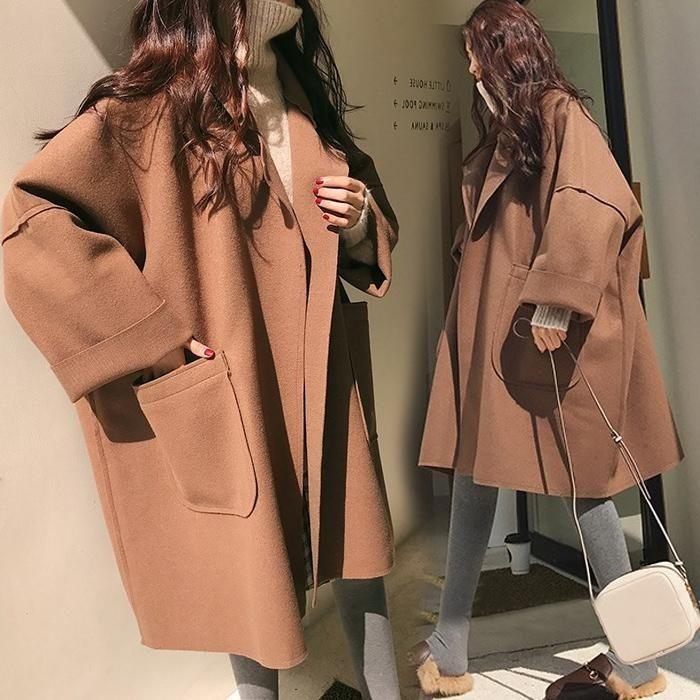 Large Size Women's Autumn and Winter Woolen Trench Coat Loose Woolen Coat Cardigan