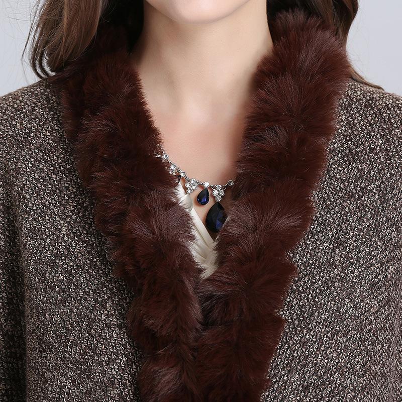 Lining Velvet Poncho Women Faux Rabbit Fur Collar Cape Big Pendulum Dovetail Cardigan Winter Cloak Knitted Warm Thick Coat
