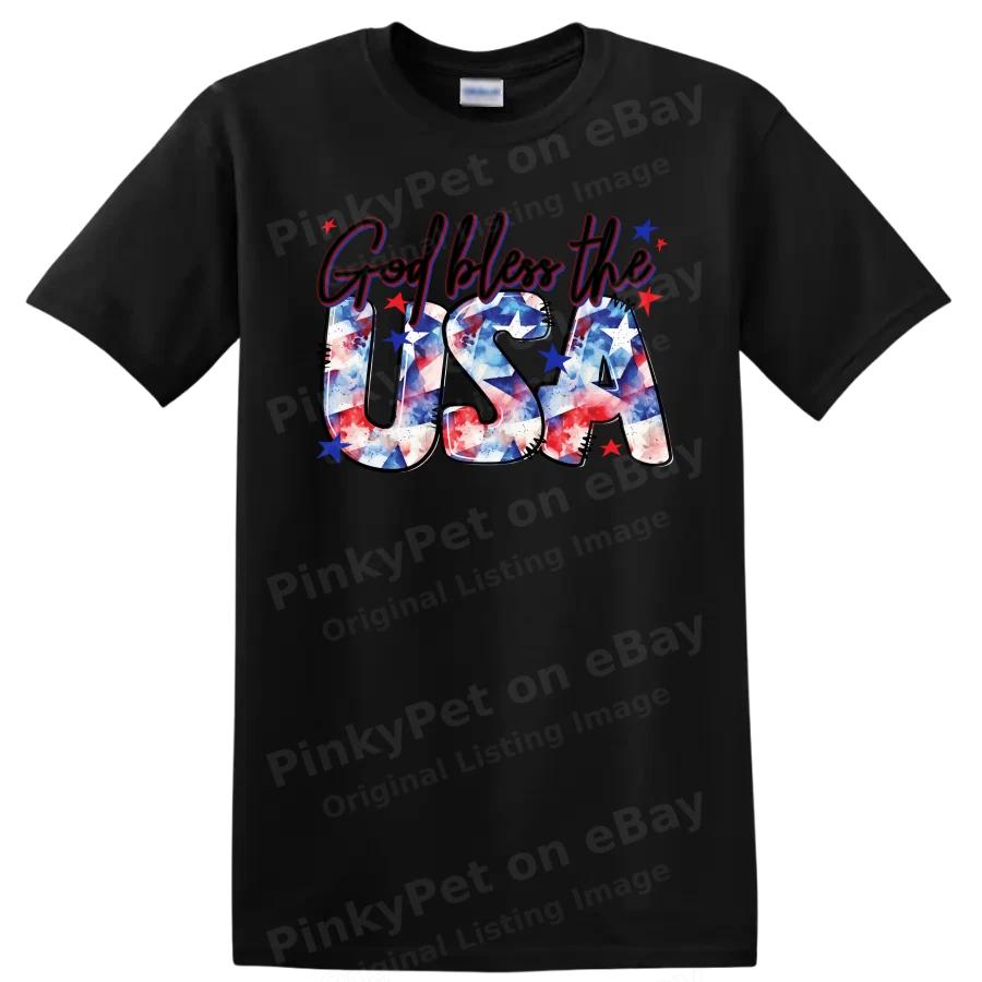 God Bless the USA Patriotic Graphic T Shirt Independence Day Tee Red White Blue