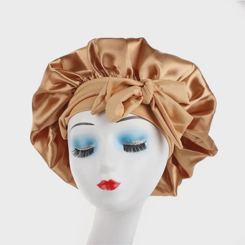 High Elastic Satin Nightcap with Wide Brim & Bow for Salon Hair Care