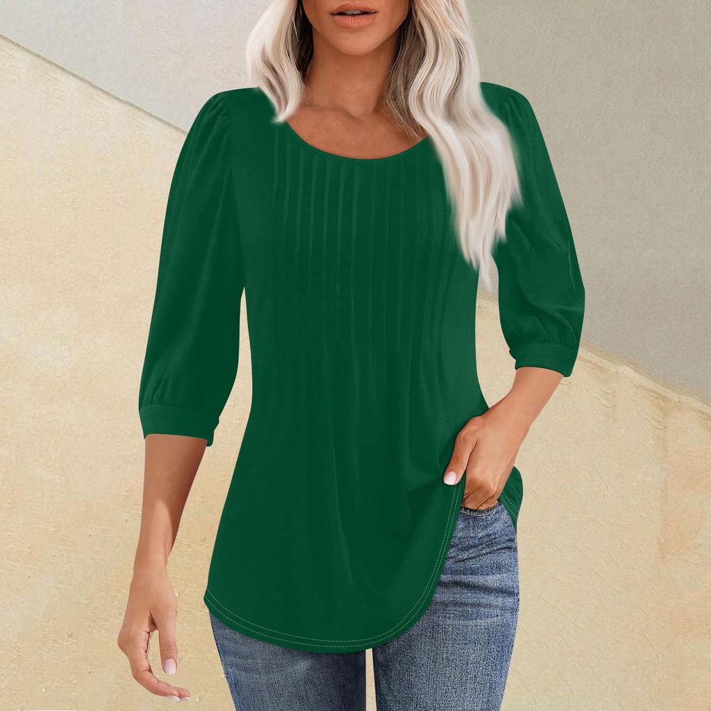 Женская мода плиссированная футболка с круглым вырезом и семью рукавами, повседневный однотонный топ