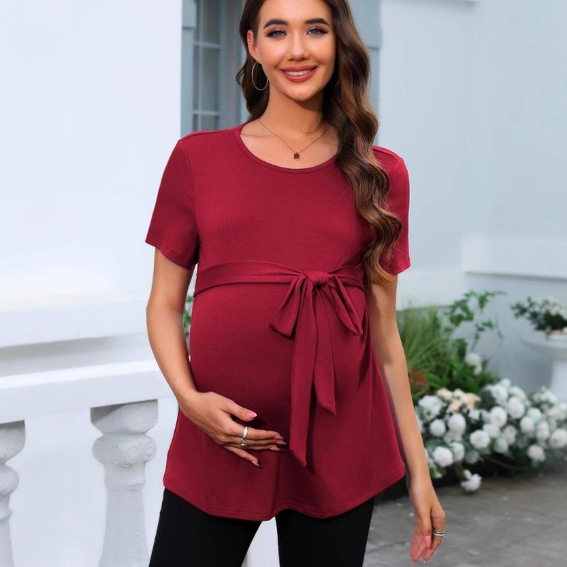 Женский топ для беременных с круглым вырезом и коротким рукавом, однотонный
