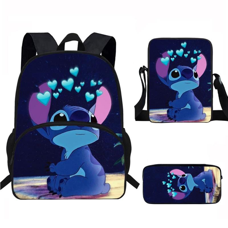 Stitch Kids School Backpack Set Elementary Students Oxford Fabric Ergonomic Design Printed Cartoon 3-Piece Bundle