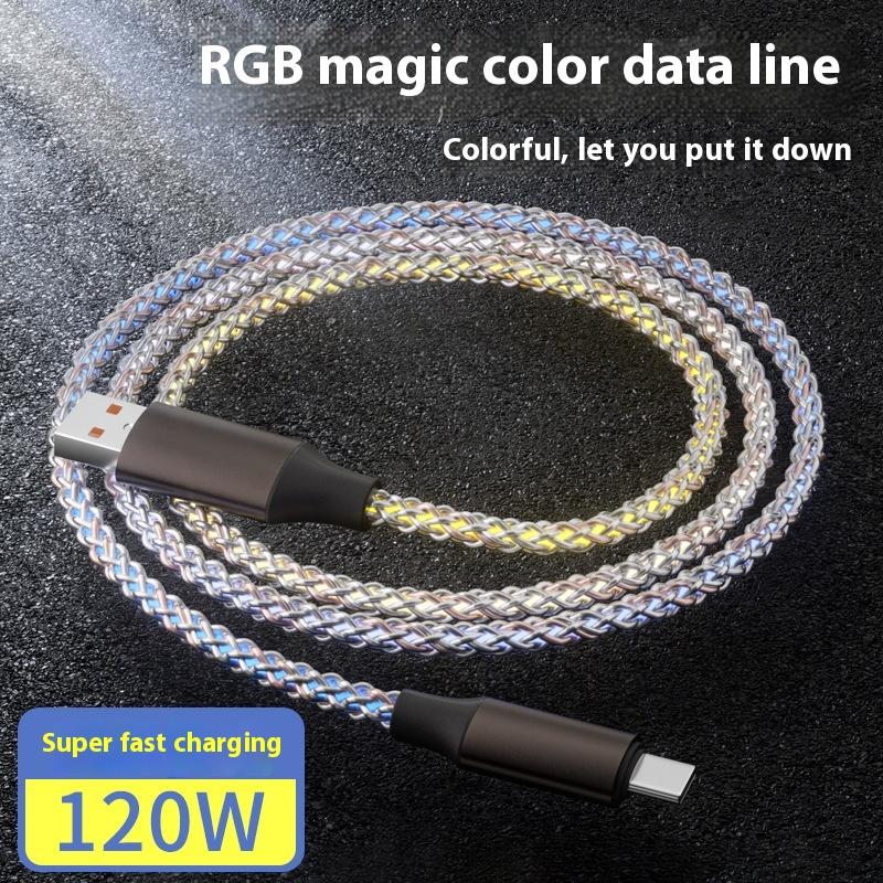100W Super Fast Charging Gradual Change Luminous RGB Colorful Single Wire Data Cable