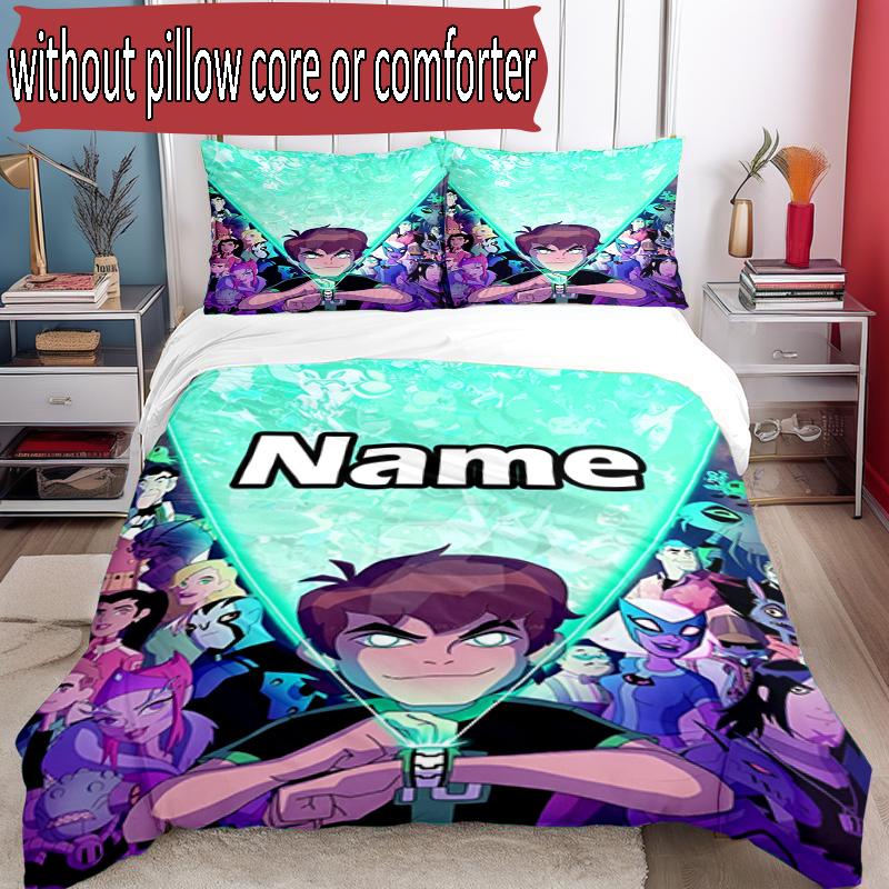 3pcs Duvet Cover Set (1*Duvet Cover + 2*Pillowcase, Without Core), Custom Name Ben 10 Cartoon Pattern Bedding Set, Home Bedroom Decor Gift