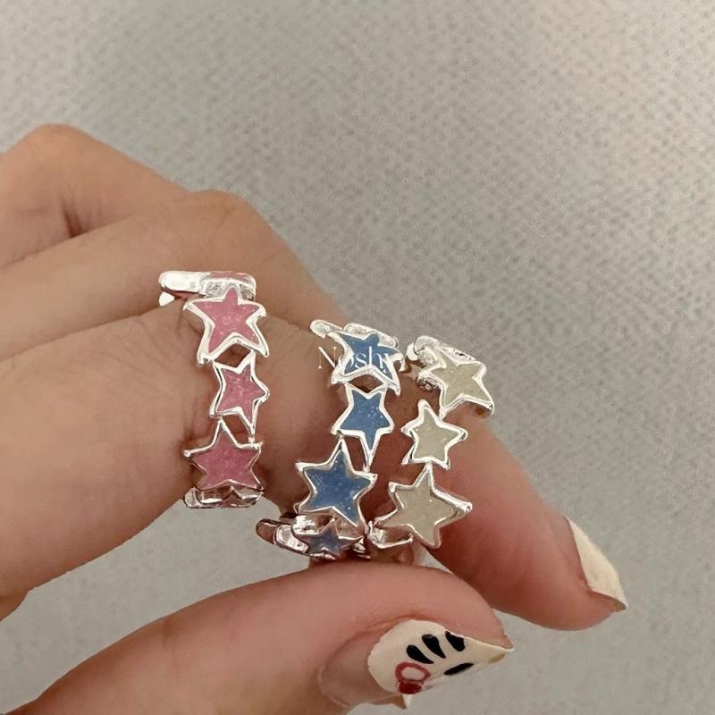 New Colorful Enamel Pink Star Rings for Women Girls Cool Sweet Y2K Blue Twisted Star Open Ring Party Gifts Jewelry