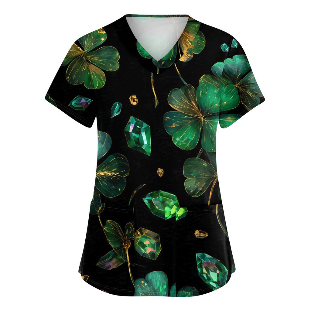Ladies' St. Patrick Print Fashionable V-neck Pocket Short Sleeved  Uniform And Caregiver Top