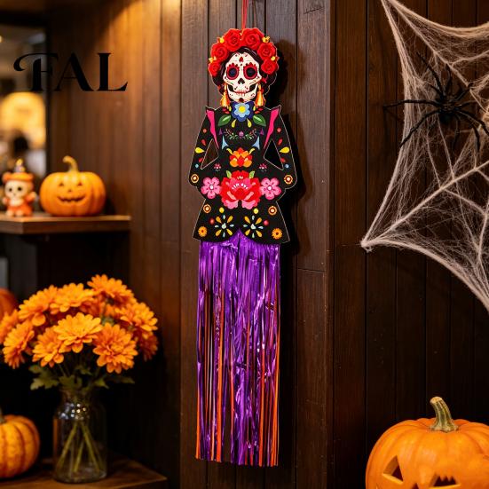 Durable PET Paper Wind Sock Day of The Dead Hanging Decoration, Dia De Los Muertos Floral Skull Party Supplies Foil Fringe Decor, Mexican Fiesta
