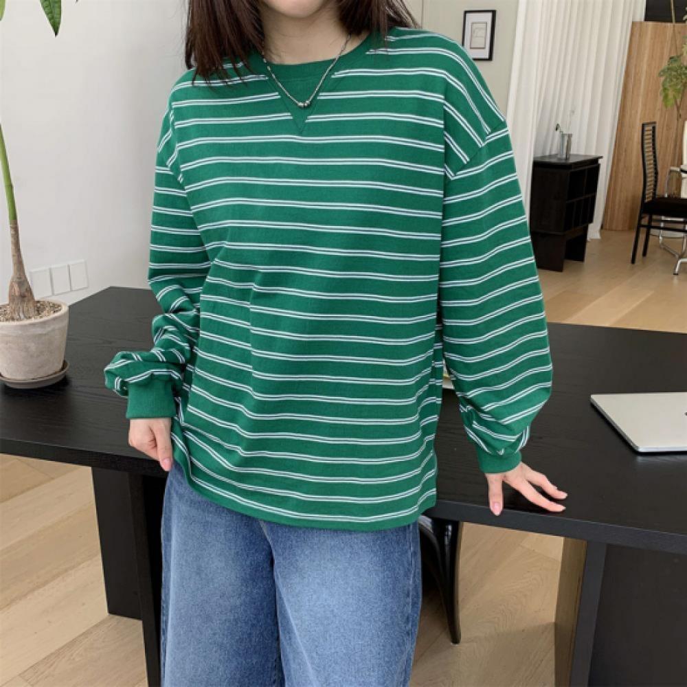 New Arrivals Open Run Women CoTTon 100 STripe Triangle Loose FiT Long Sleeve T