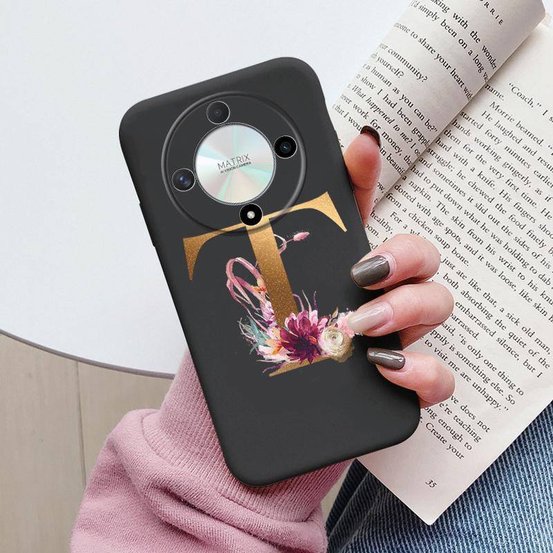 Чехол для телефона с буквой для Honor X9b X9a Magic5 Lite Magic6 Lite 5G Чехол Ретро Цветы Розовый Черный Мягкий ТПУ Силиконовый с инициалами Fundas