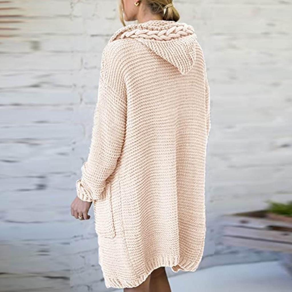 Женский осенне-зимний однотонный свободный вязаный свитер с карманом и капюшоном