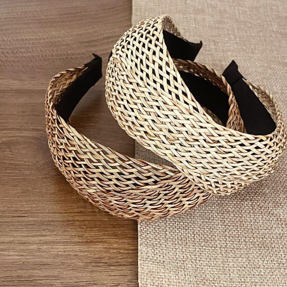 Hollow Straw Weave Headband Vacation Style Bohemian Style Hair Hoop Wide Edge Hairband Women