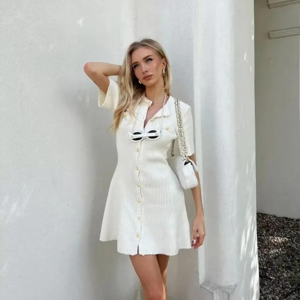 Elegant Knit Mini Dress Women Street Slim High Waist Short Sleeve Rib Sweater Dresses Vacation Bodycon Knitwear Dress