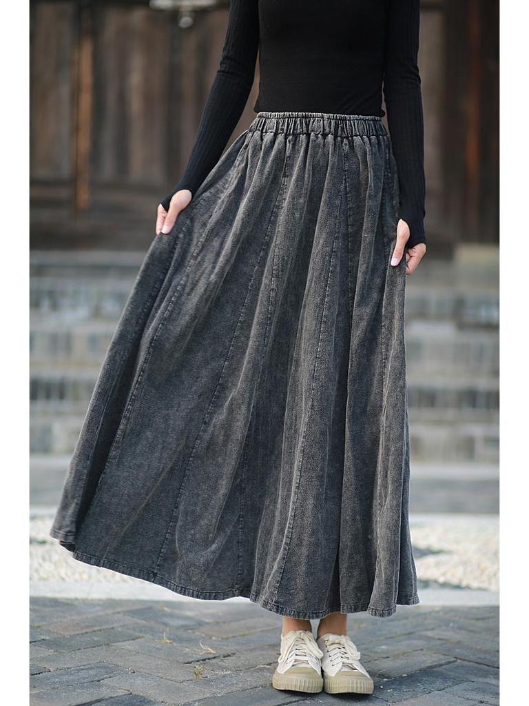 Retro Literary Burnout Cotton Linen Elastic Waist Midi Skirt - Autumn/Winter