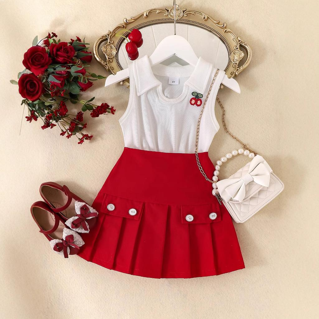Girls' Casual Suit Summer Children's Fashion Lapel Sleeveless Top Red Pleated Skirt Suit
