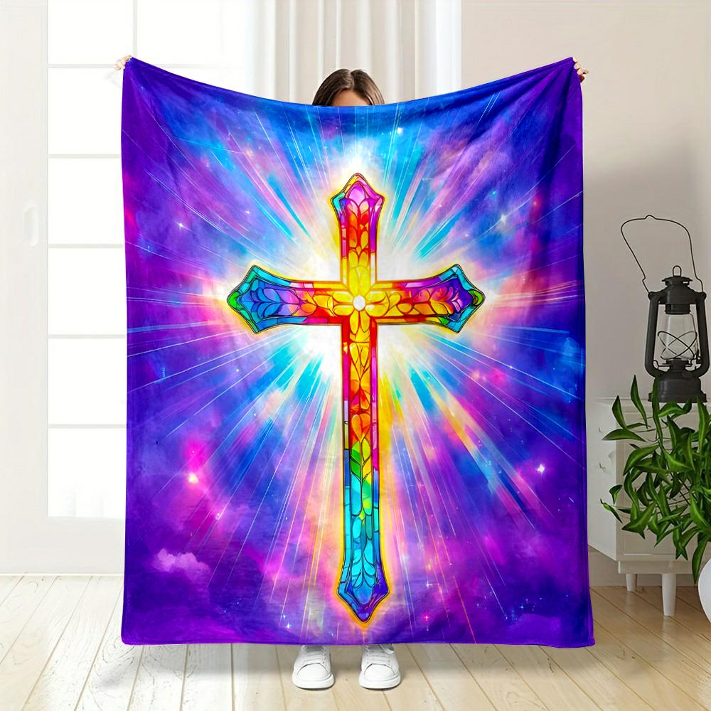 Rainbow Stained Glass Cross BlanketFlannel blanket for bedroom, living room, sofa, and nap