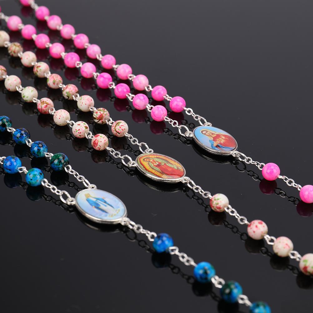 Католические четки маленького размера, круглые синие стеклянные бусины, ожерелье с изображением Девы Марии и Иисуса