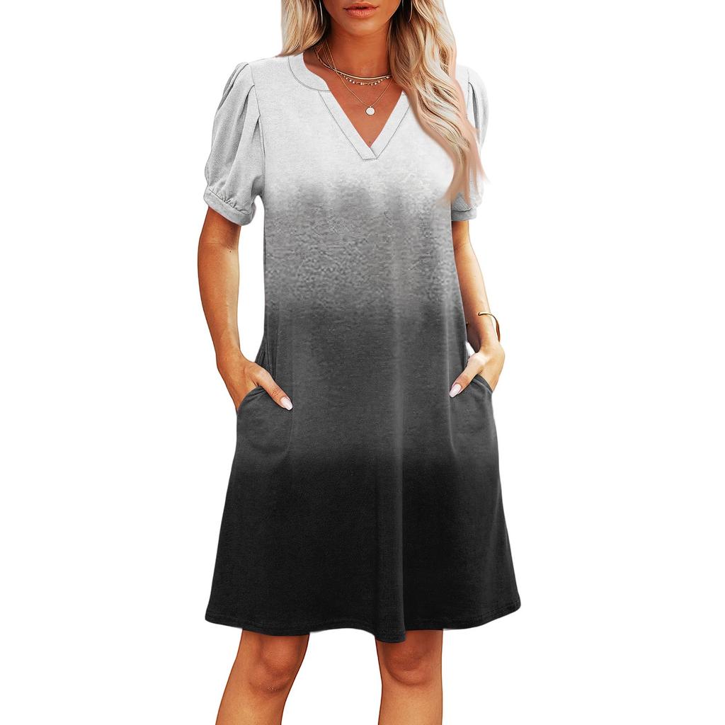 Women's Summer V-Neck Casual Beach Dresses Pod Short Sleeve Gradient Printed Dresses