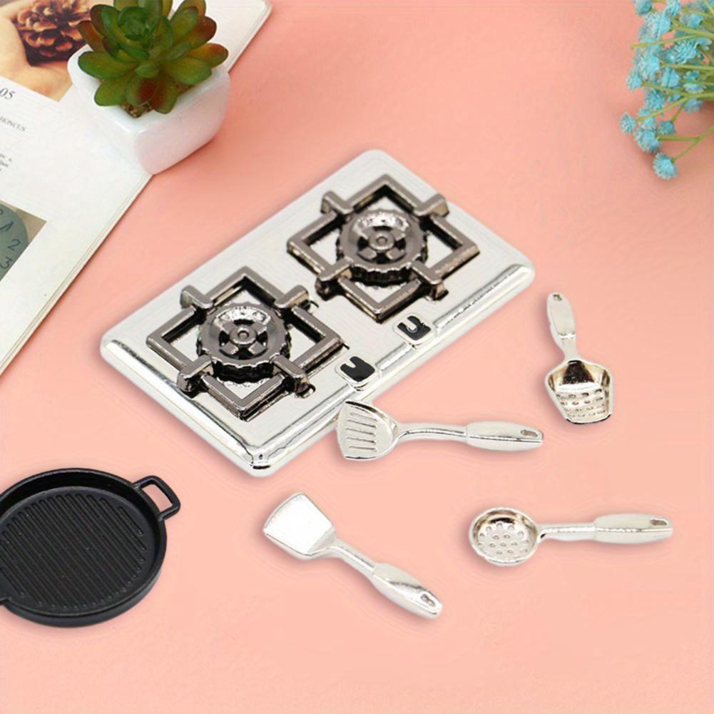 1шт, 1:Миниатюрная газовая плита 12 Scale, двойная горелка, кухонный прибор, серебристо-серый