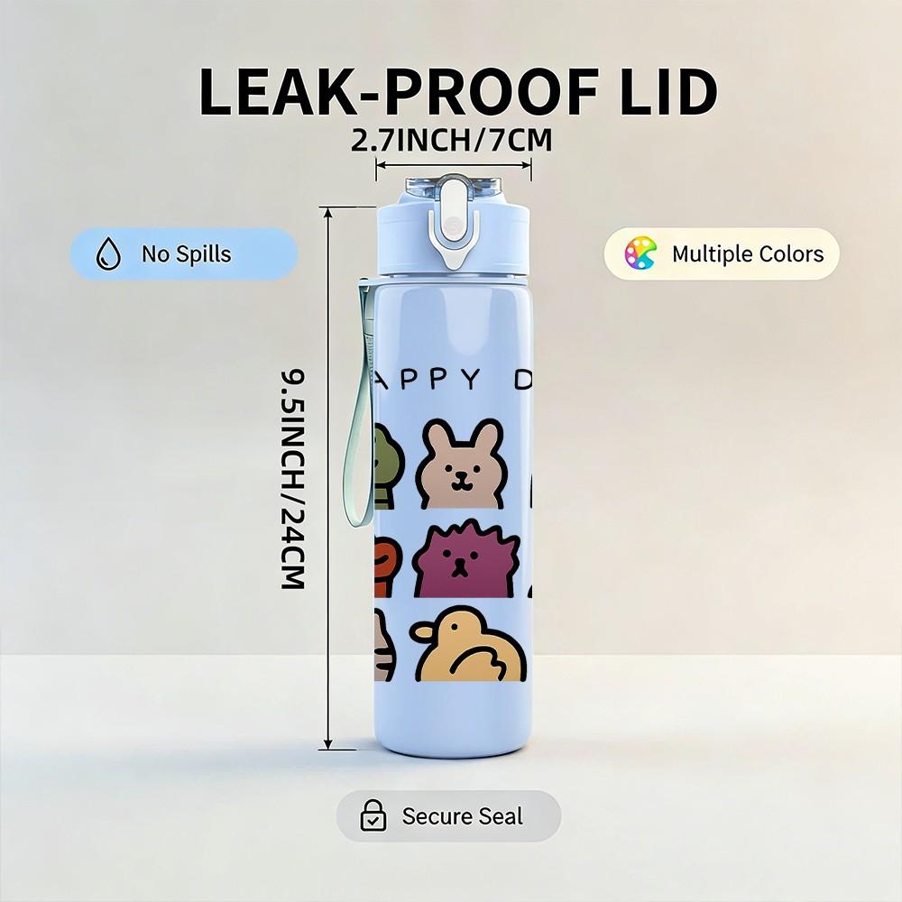1PC Cute Animal Doodle Pattern 750ml Color Plastic Sports Water Bottle Leakproof Flip Straw Lid Suitable for Sports Office Home Use