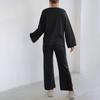 Домашний Комплект Свободный Удобный Повседневный Однотонный Топ с Длинным Рукавом Пуловер Свитер Женские Прямые Брюки с Широкими Штанинами Костюм из Двух Предметов