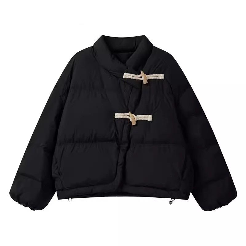 Женская короткая куртка-пуховик с двумя роговыми пряжками, зимняя мода 2024 года, воротник-стойка, милая теплая куртка из белого утиного пуха, прилив