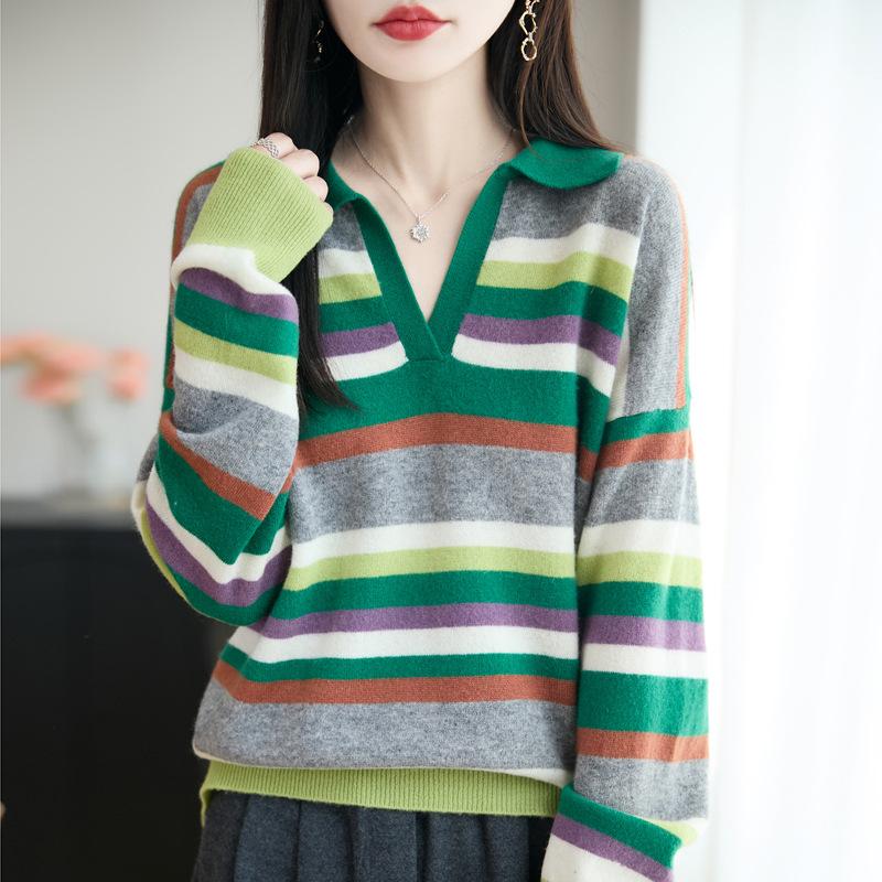 Women's Retro Striped Cashmere Wool Polo Sweater - Soft Long Sleeve Knitwear