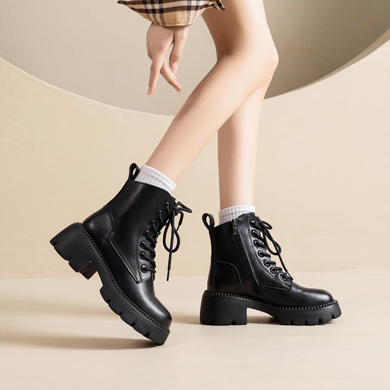 Leather Boots Autumn and Winter New Versatile Washed Cowhide Retro Fashion British Style Thick Soled Boots for Women
