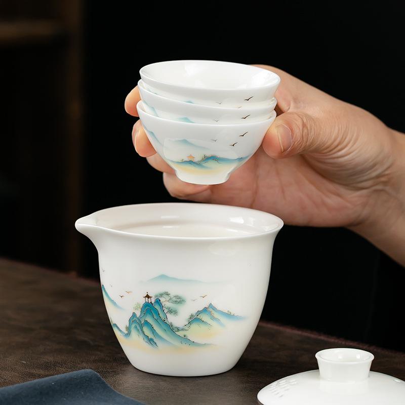 Suet jade porcelain travel tea set portable express cup outdoor camping tea pot tea cup tea tray one pot three