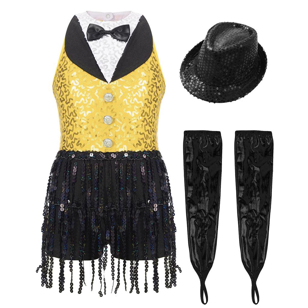 Латинский джазовый танцевальный купальник для девочек, без рукавов, с вырезом-замочной скважиной на спине, с пайетками, кисточками, металлическими перчатками и шапочкой