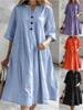 Повседневное Удобное Женское Платье Свободного Кроя с V-образным Вырезом и Полурукавом из Хлопка и Льна Средней Длины с Тремя Пуговицами и Карманом