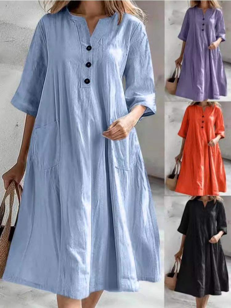 Повседневное Удобное Женское Платье Свободного Кроя с V-образным Вырезом и Полурукавом из Хлопка и Льна Средней Длины с Тремя Пуговицами и Карманом
