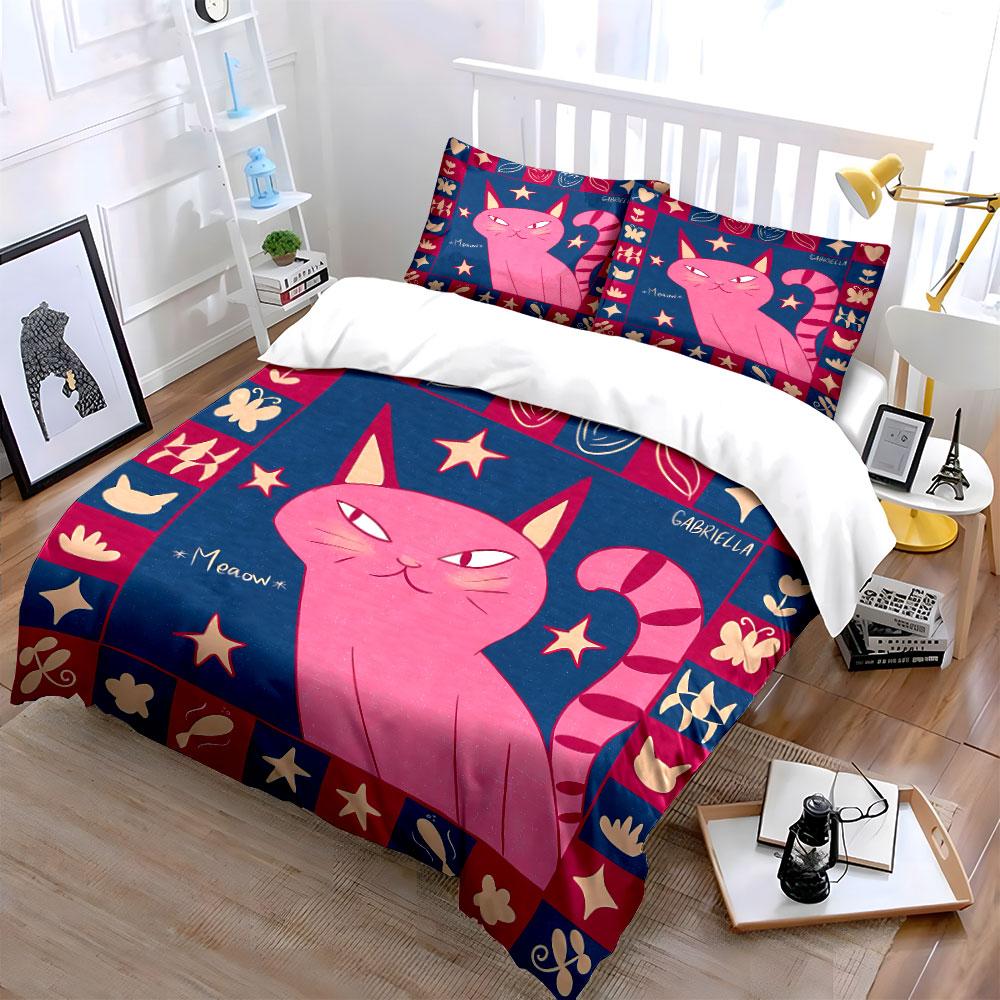 Pink Cat with Stars Design Bedding Duvet Cover Set Duvet Cover Pillowcases  (1*Duvet Cover 2*Pillowcases, without duvet insert)